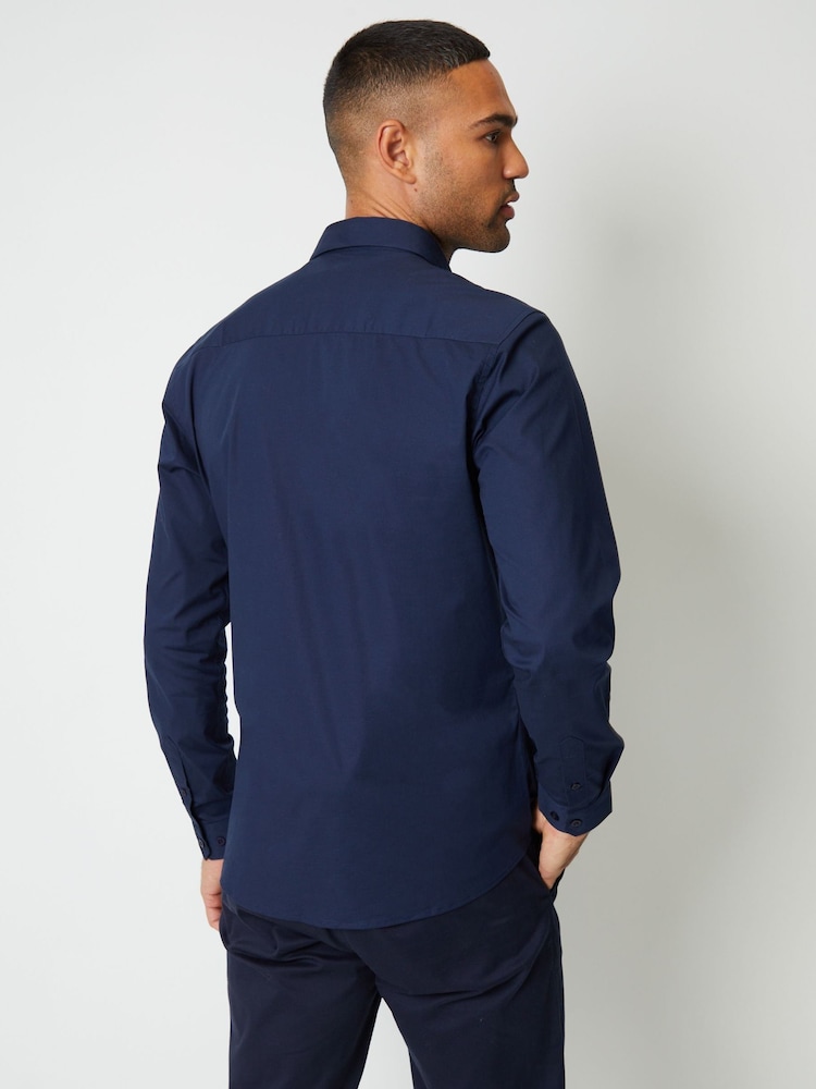 Threadbare Navy Cotton Long Sleeve Shirt With Stretch - Image 2 of 4