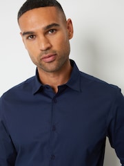 Threadbare Navy Cotton Long Sleeve Shirt With Stretch - Image 4 of 4
