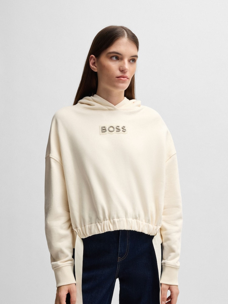BOSS White 100% Cotton Crystal Logo Hoodie - Image 1 of 5