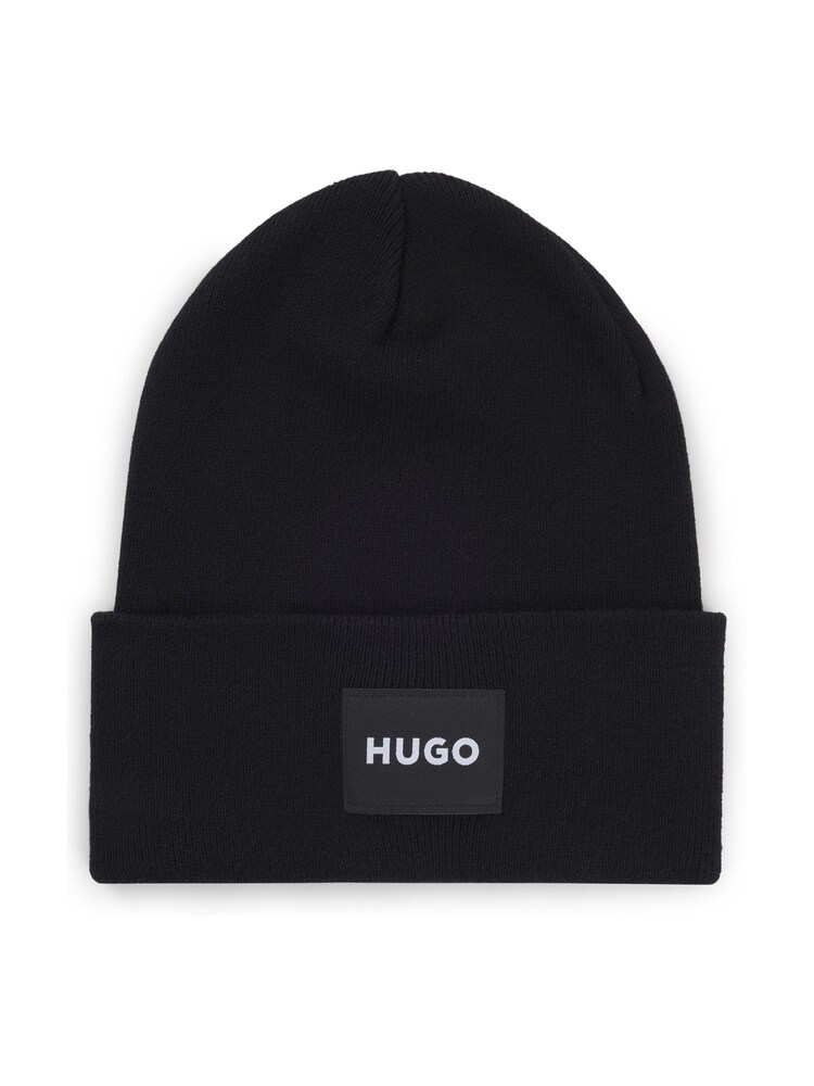 HUGO Black Logo Label Beanie Hat In 100% Cotton - Image 1 of 4