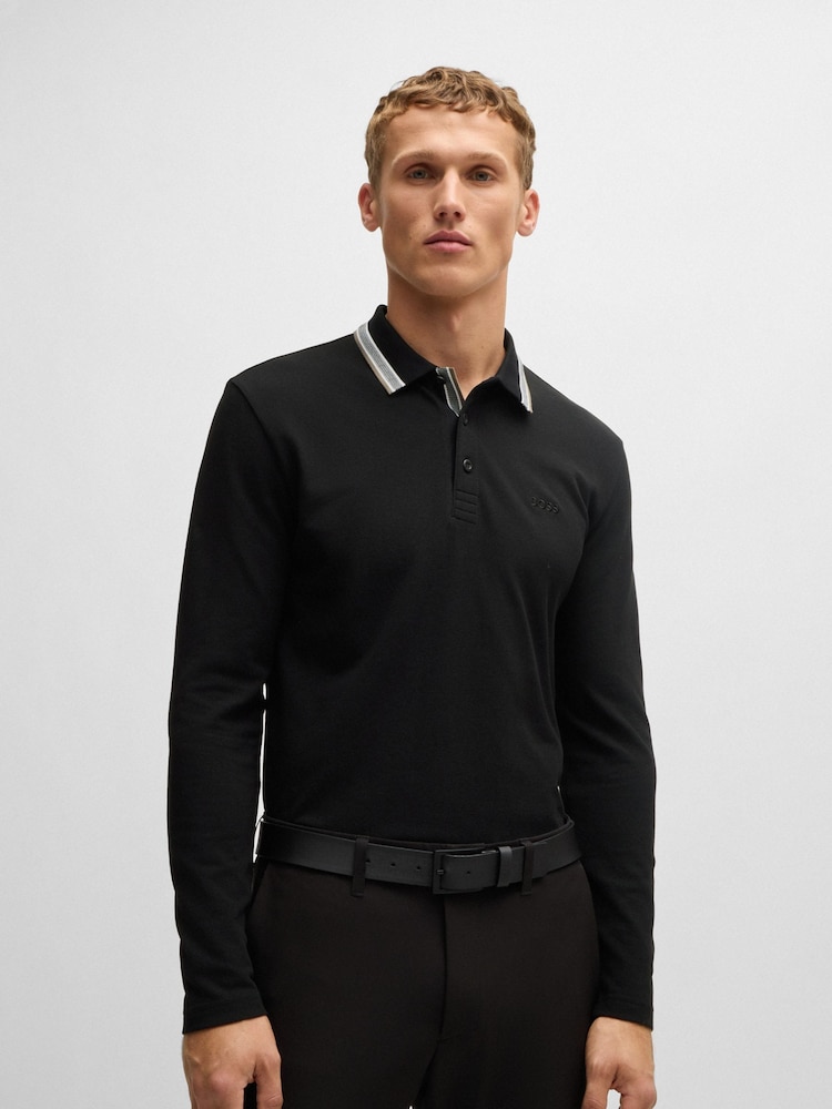 BOSS Black 100% Cotton Piqué Contrast Logo Long Sleeve Polo Shirt - Image 1 of 5