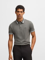 BOSS Grey 100% Cotton Piqué Contrast Logo Paddy Polo Shirt - Image 1 of 5