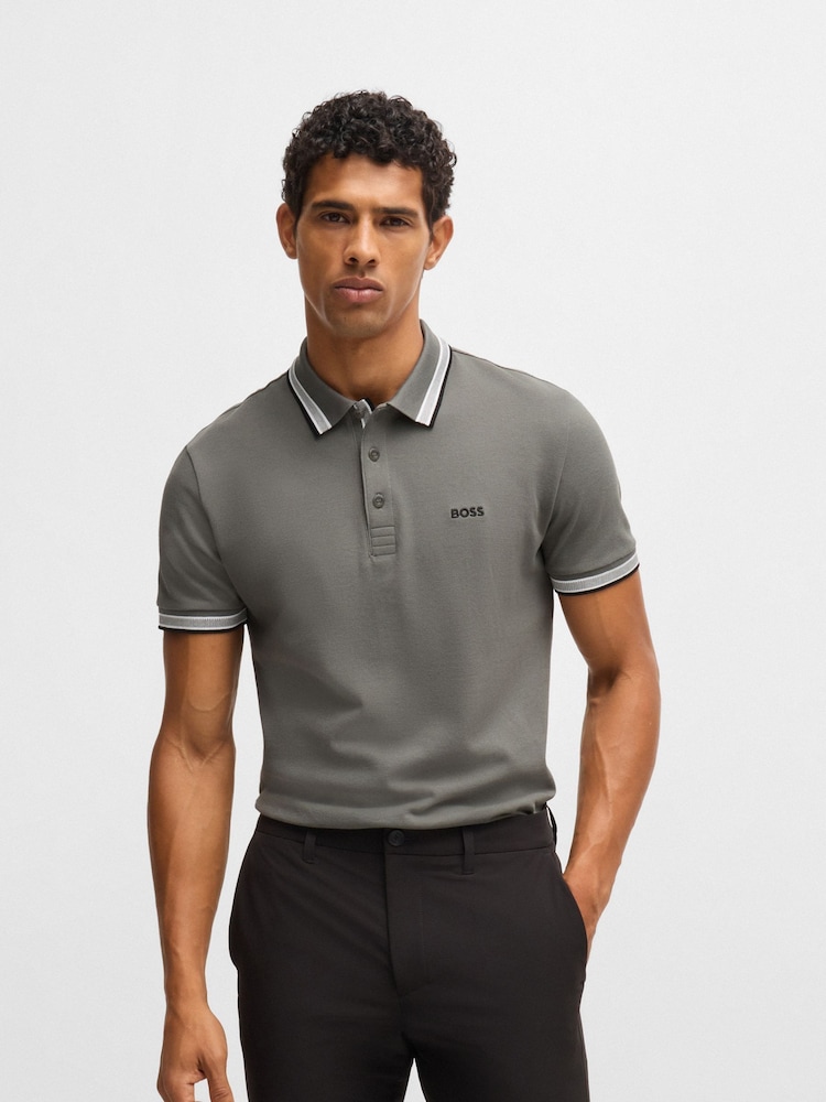 BOSS Grey 100% Cotton Piqué Contrast Logo Paddy Polo Shirt - Image 1 of 5