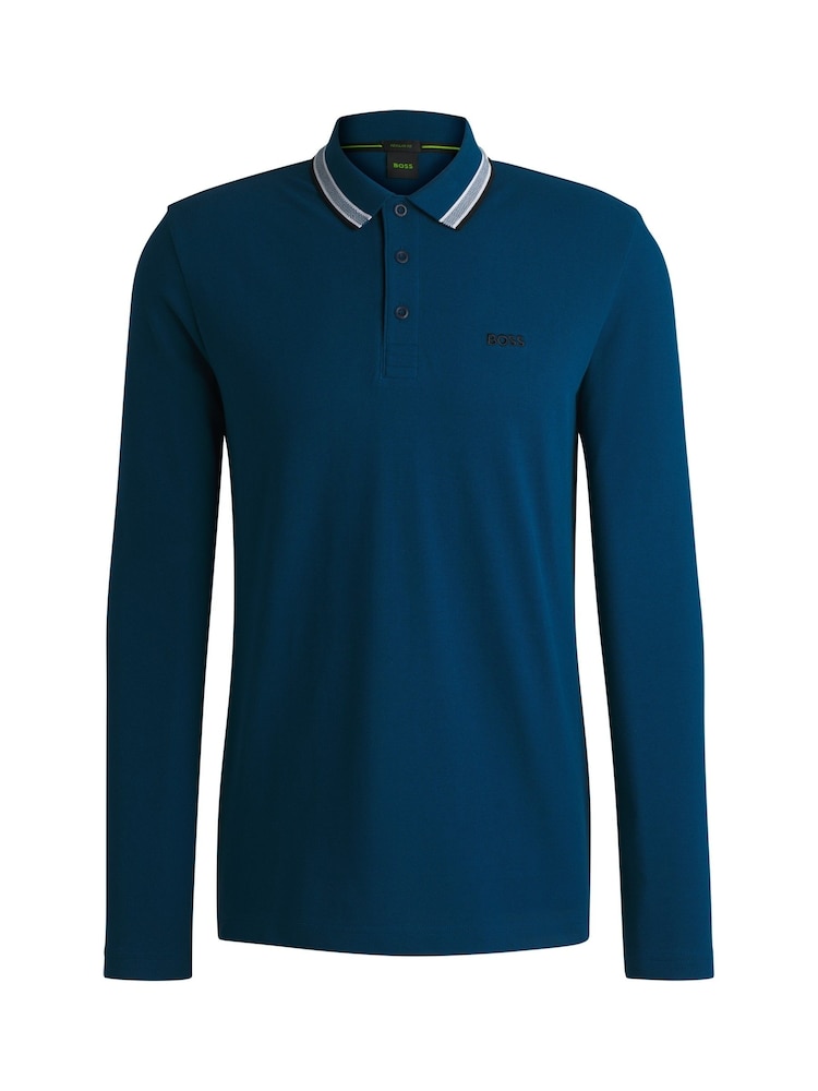BOSS Blue Contrast Logo Piqué 100% Cotton Polo Shirt - Image 5 of 5