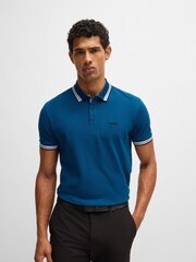 أزرق أزرق على أخضر - BOSS Regular Fit Paddy Tipped Collar 100% Cotton Polo Shirt - صورة 1 من 5