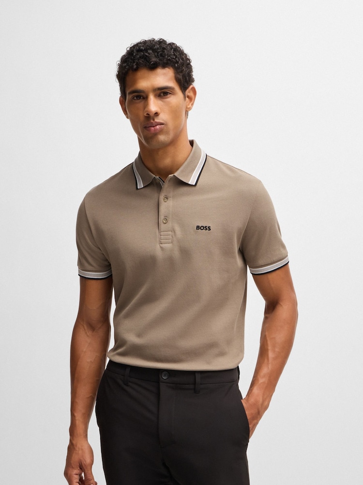 BOSS Brown 100% Cotton Piqué Contrast Logo Paddy Polo Shirt - Image 1 of 5