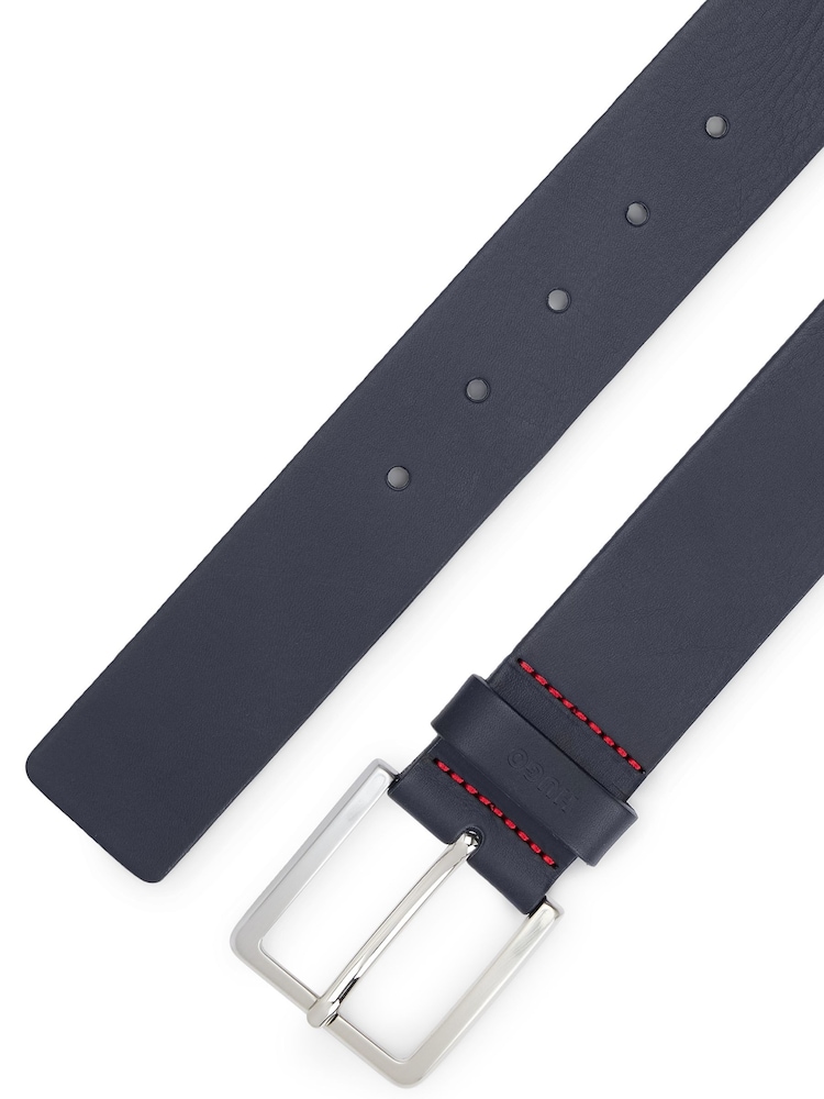 HUGO Blue Embossed Leather Belt With Brushed Metal Buckle - Image 5 of 5