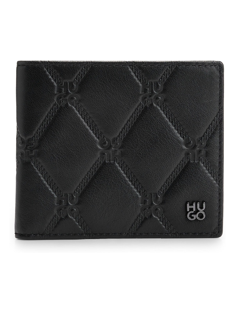 HUGO Black Leather Wallet With Logos And Chain Pattern - Image 1 of 4