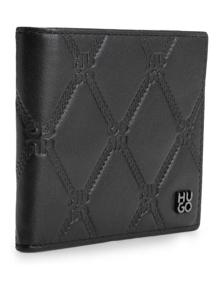 HUGO Black Leather Wallet With Logos And Chain Pattern - Image 2 of 4