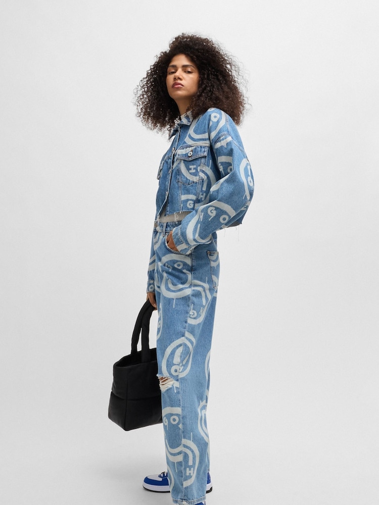 HUGO Blue Baggy Fit 100% Cotton Jeans With Smiley Face Logos - Image 1 of 5