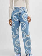 HUGO Blue Baggy Fit 100% Cotton Jeans With Smiley Face Logos - Image 3 of 5