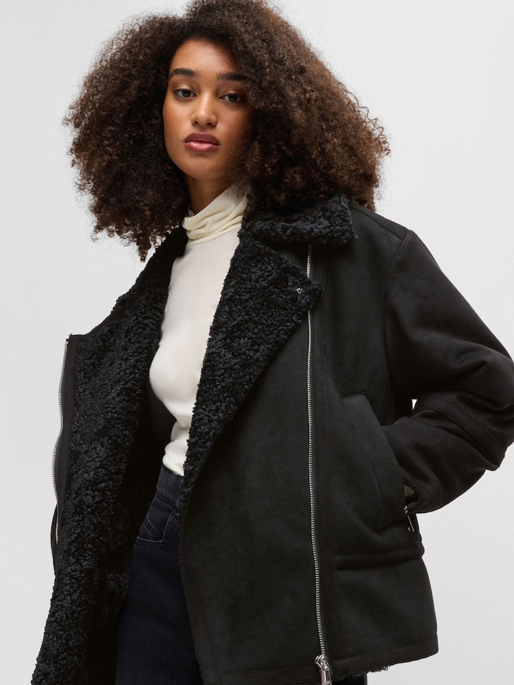 BOSS Black Faux Shearling Coat in Faux Suede - Image 1 of 6