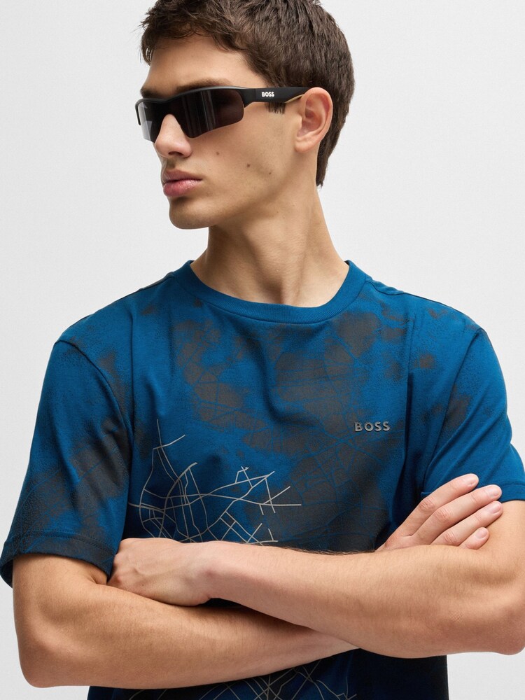 BOSS Blue Reflective Print Cotton T-Shirt - Image 2 of 5 BOSS Blue Reflective Print Cotton T-Shirt - Image 2 of 5