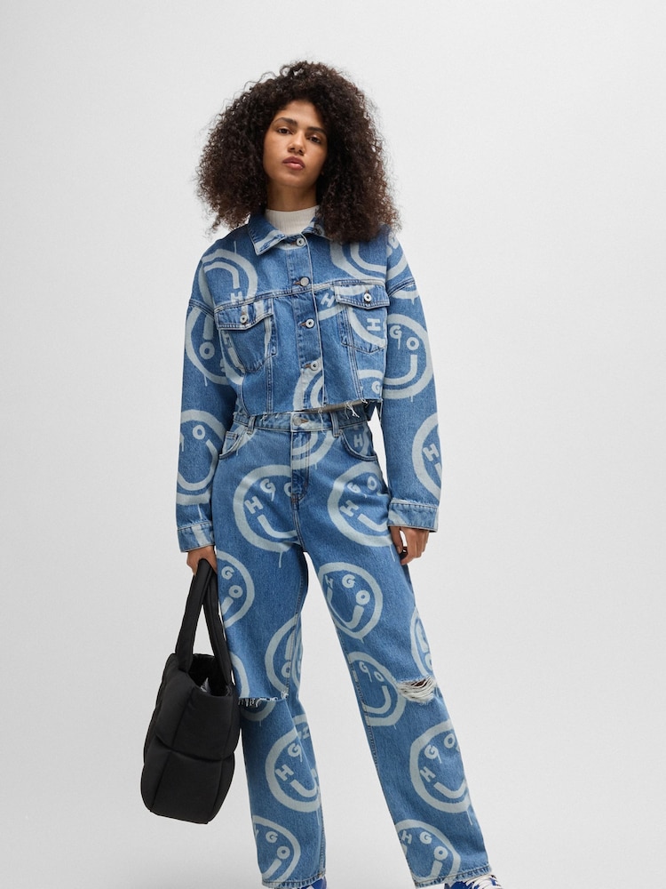HUGO Blue Oversized Fit 100% Cotton Jacket With Smiley Face Logos - Image 1 of 6