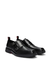 HUGO Black Double Strap Monk Shoes In Leather - Image 1 of 5