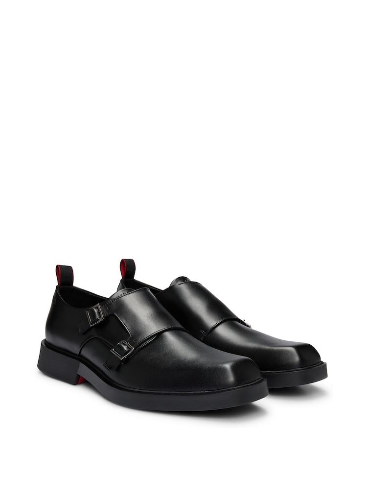 HUGO Black Double Strap Monk Shoes In Leather - Image 1 of 5