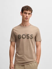 BOSS Beige Mirror Effect Logo 100% Cotton Jersey T-Shirt - Image 1 of 5