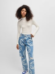 HUGO White Mock Neck Sweater With Embroidered Smiley Face Logo - Image 1 of 5