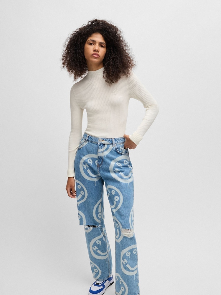 HUGO White Mock Neck Sweater With Embroidered Smiley Face Logo - Image 1 of 5