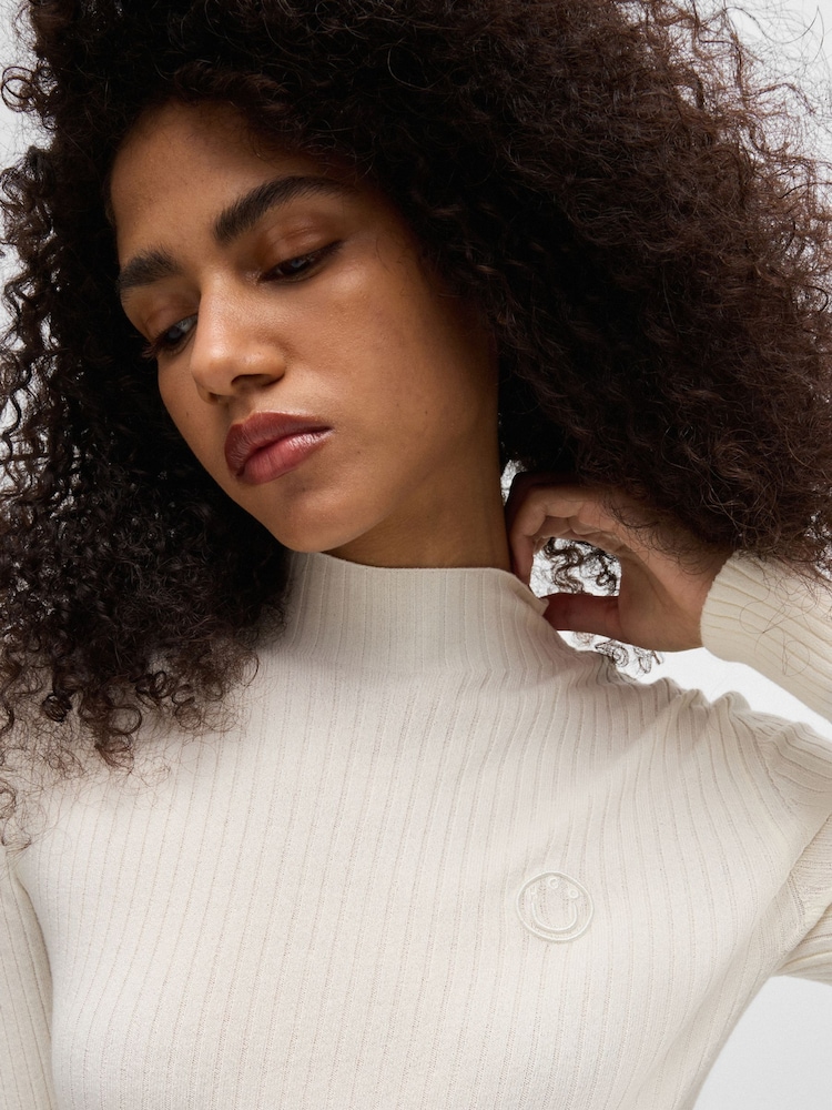 HUGO White Mock Neck Sweater With Embroidered Smiley Face Logo - Image 2 of 5