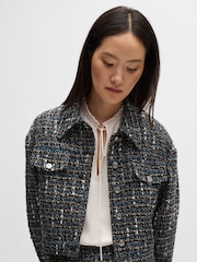 BOSS Grey Cropped Jacket In Multicoloured Tweed - Image 2 of 6