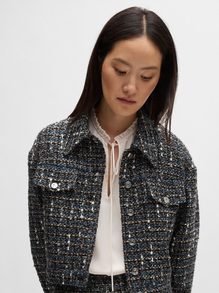 BOSS Grey Cropped Jacket In Multicoloured Tweed - Image 2 of 6