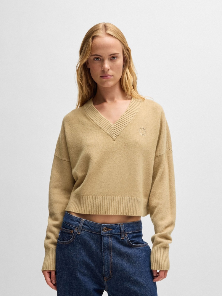 HUGO Natural Relaxed Fit Smiley Face Logo Sweater - Image 1 of 4