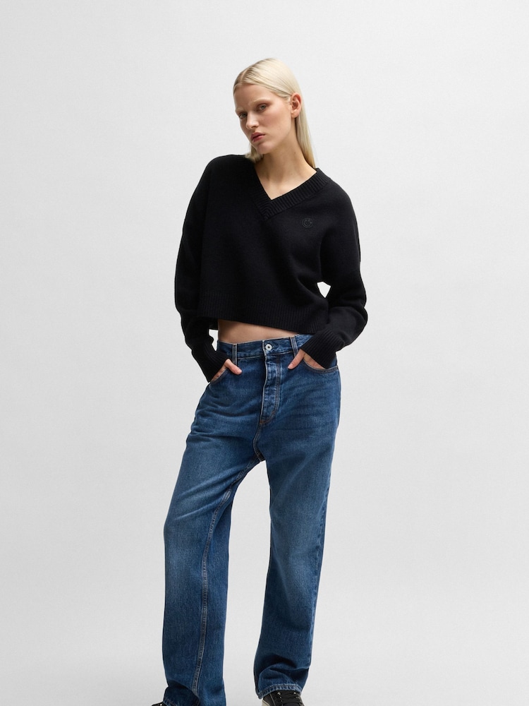 HUGO Black Relaxed Fit Sweater With Smiley Face Logo - Image 1 of 5 HUGO Black Relaxed Fit Sweater With Smiley Face Logo - Image 1 of 5