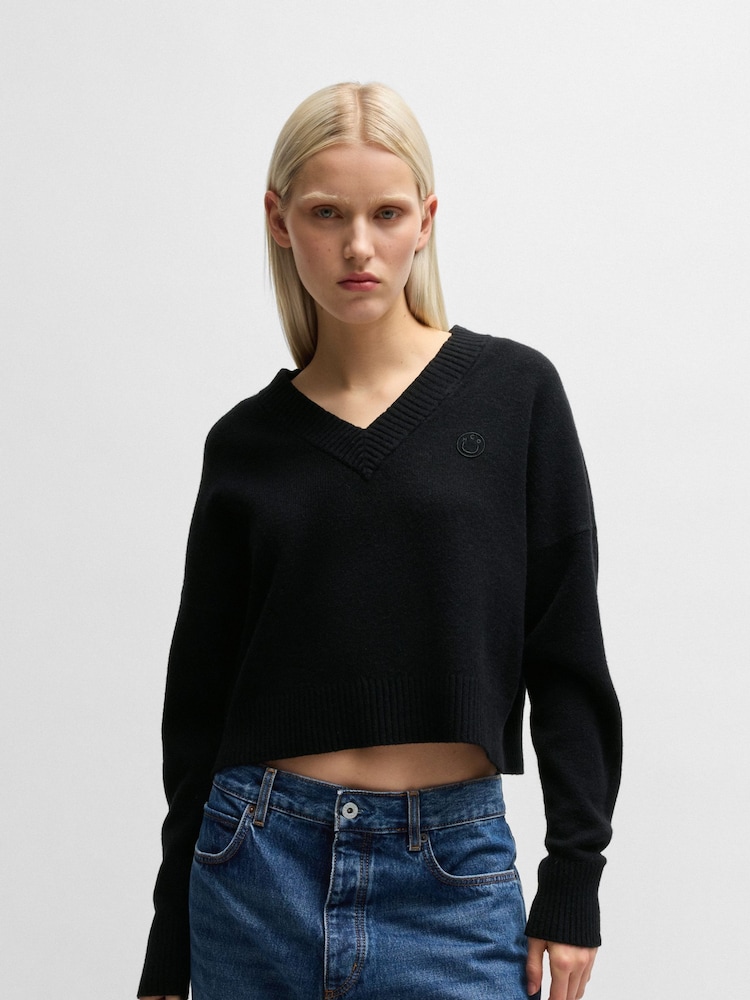 HUGO Black Relaxed Fit Sweater With Smiley Face Logo - Image 2 of 5 HUGO Black Relaxed Fit Sweater With Smiley Face Logo - Image 2 of 5