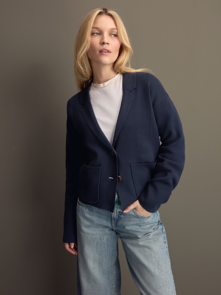 Albastru Bleumarin - 100% Bumbac tricotat Blazer Cardigan - Image 2 of 8