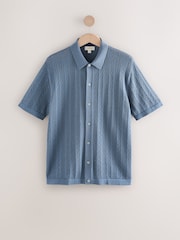 Blue Regular Fit Silk Rich Signature Short Sleeve Pointelle Knit Button-Through Polo Shirt - Image 1 of 3