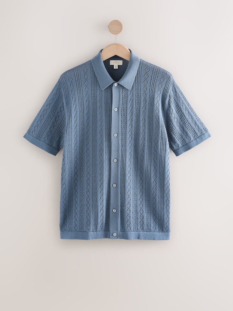 Blue Regular Fit Silk Rich Signature Short Sleeve Pointelle Knit Button-Through Polo Shirt - Image 1 of 3