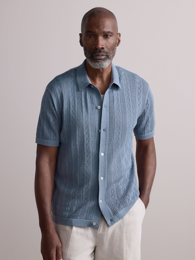 Blue Silk Rich Signature Button-Through Polo Shirt - Image 1 of 8 Blue Silk Rich Signature Button-Through Polo Shirt - Image 1 of 8