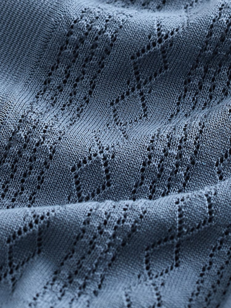 Blue Regular Fit Silk Rich Signature Short Sleeve Pointelle Knit Button-Through Polo Shirt - Image 2 of 3