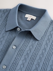 Blue Regular Fit Silk Rich Signature Short Sleeve Pointelle Knit Button-Through Polo Shirt - Image 3 of 3