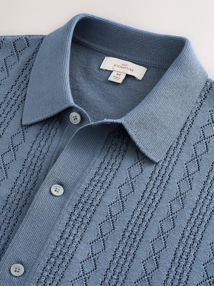 Blue Regular Fit Silk Rich Signature Short Sleeve Pointelle Knit Button-Through Polo Shirt - Image 3 of 3