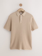 Neutral Regular Fit Silk Rich Signature Short Sleeve Rib Texture Knit Polo Shirt - Image 1 of 3