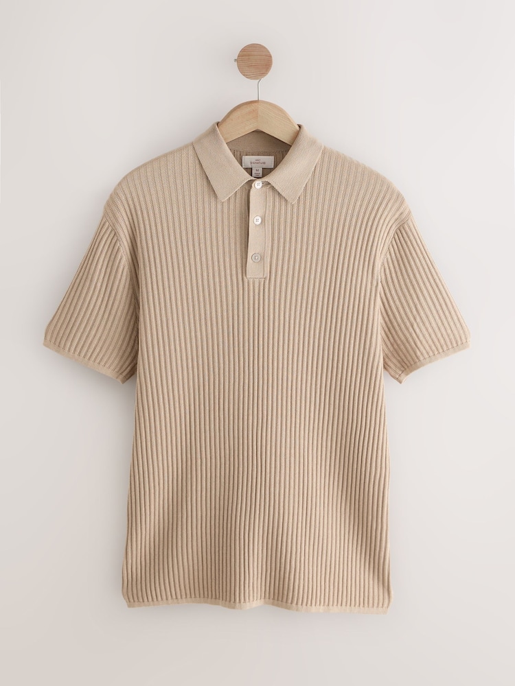 Neutral Regular Fit Silk Rich Signature Short Sleeve Rib Texture Knit Polo Shirt - Image 1 of 3