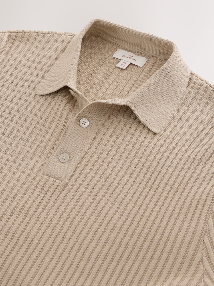 Neutral Regular Fit Silk Rich Signature Short Sleeve Rib Texture Knit Polo Shirt - Image 2 of 3