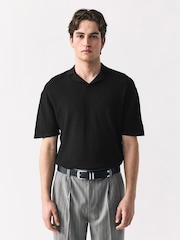 Black Relaxed Fit Premium Short Sleeve Textured Trophy Neck Polo Shirt - Image 1 of 8
