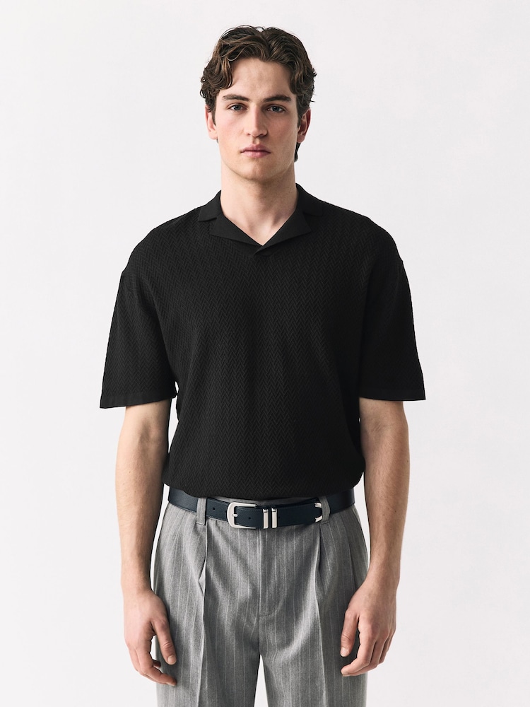 Black Relaxed Fit Premium Short Sleeve Textured Trophy Neck Polo Shirt - Image 1 of 8