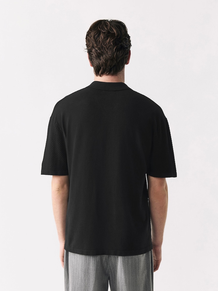 Black Relaxed Fit Premium Short Sleeve Textured Trophy Neck Polo Shirt - Image 2 of 8