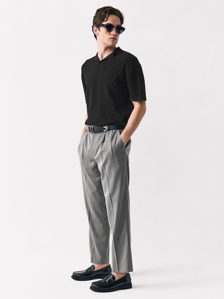 Black Relaxed Fit Premium Short Sleeve Textured Trophy Neck Polo Shirt - Image 3 of 8