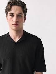 Black Relaxed Fit Premium Short Sleeve Textured Trophy Neck Polo Shirt - Image 4 of 8