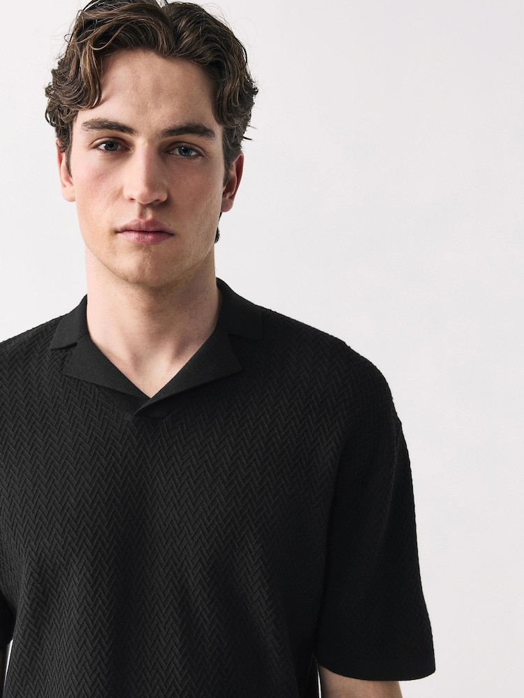 Black Relaxed Fit Premium Short Sleeve Textured Trophy Neck Polo Shirt - Image 4 of 8