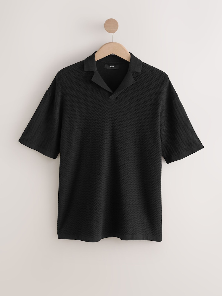 Black Relaxed Fit Premium Short Sleeve Textured Trophy Neck Polo Shirt - Image 6 of 8