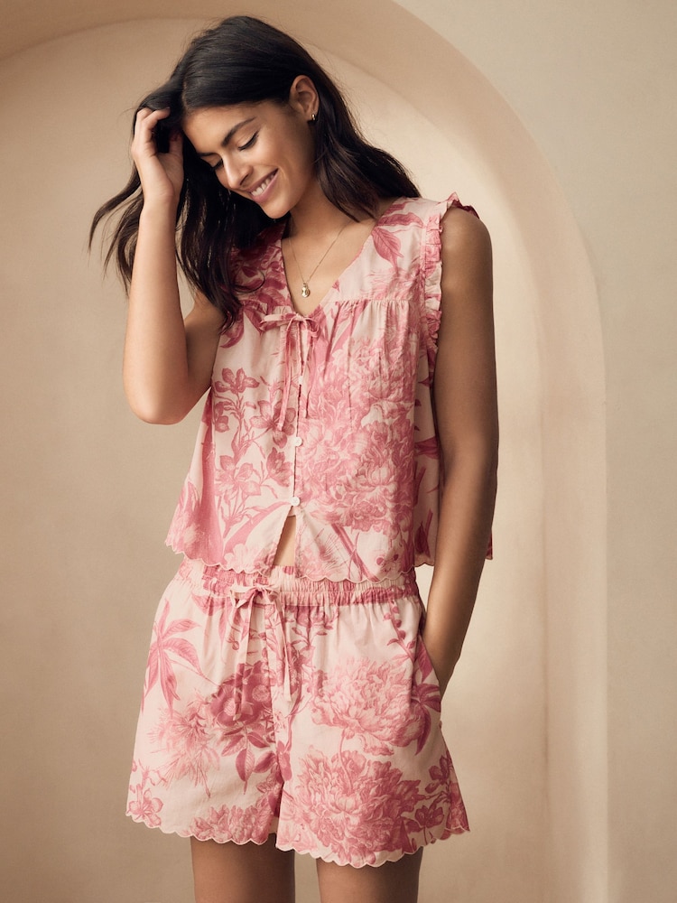 Pink Floral Kew Collection 100% Cotton Tie Front Short Set Pyjamas - Image 1 of 8