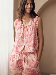 Pink Floral Kew Collection 100% Cotton Tie Front Short Set Pyjamas - Image 2 of 8