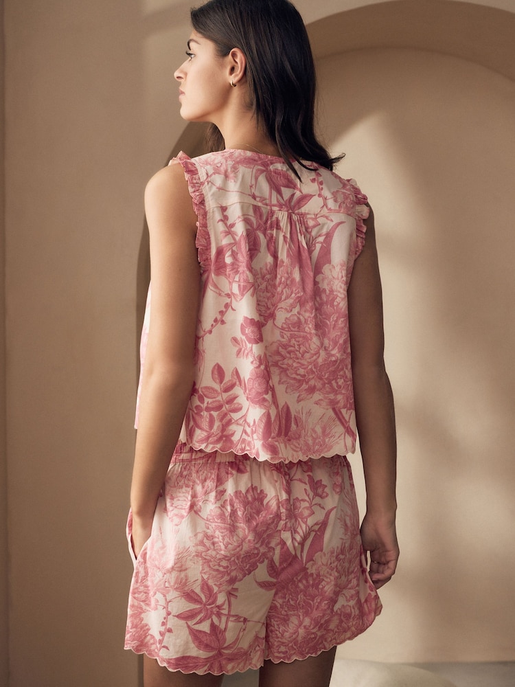 Pink Floral Kew Collection 100% Cotton Tie Front Short Set Pyjamas - Image 6 of 8