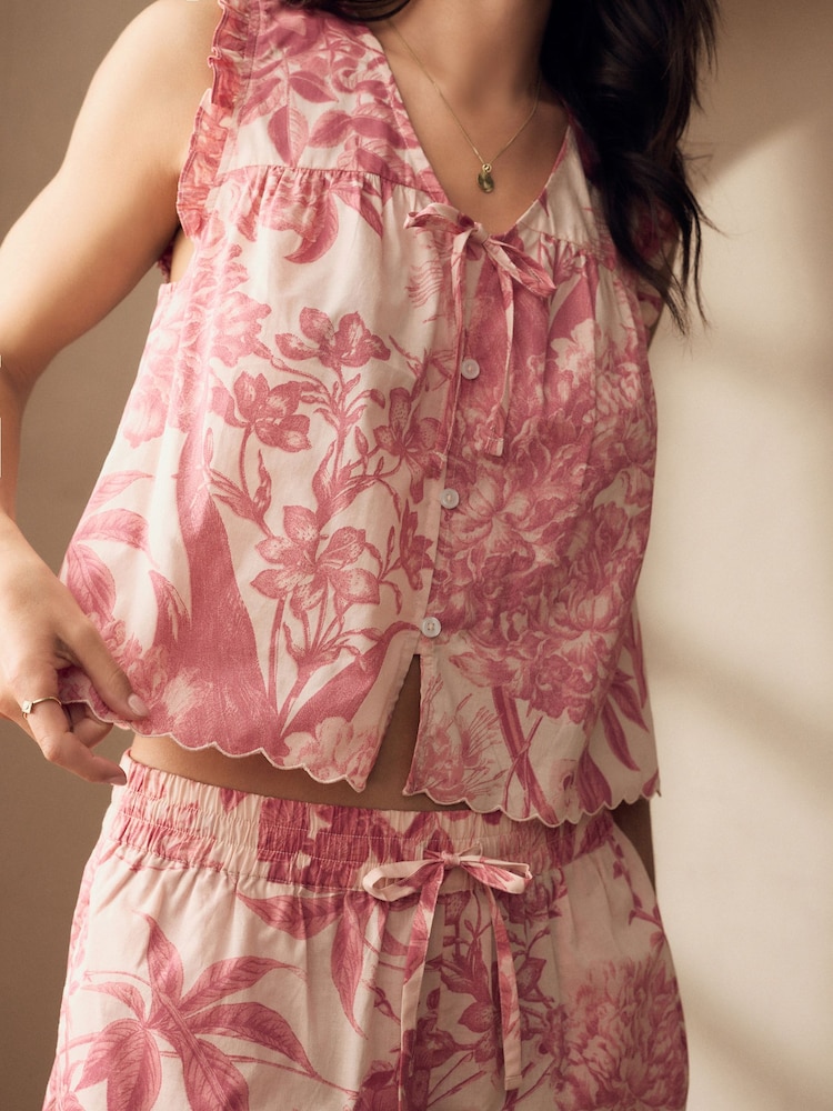 Pink Floral Kew Collection 100% Cotton Tie Front Short Set Pyjamas - Image 7 of 8